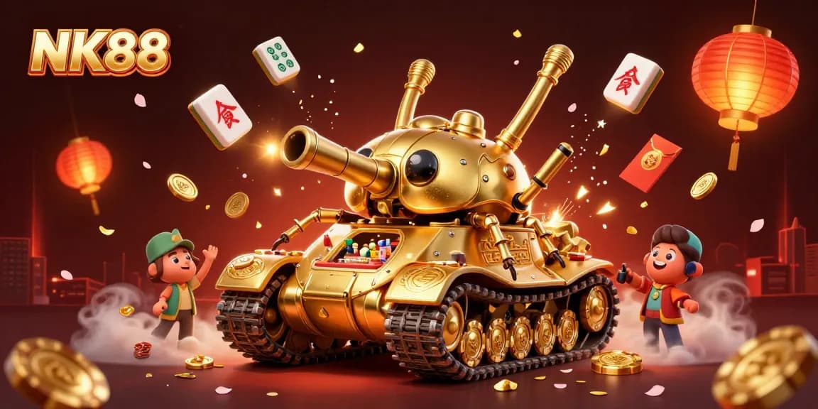 Engage in casino fun at NK88 with a golden beetle tank revealing a vibrant casino scene.
