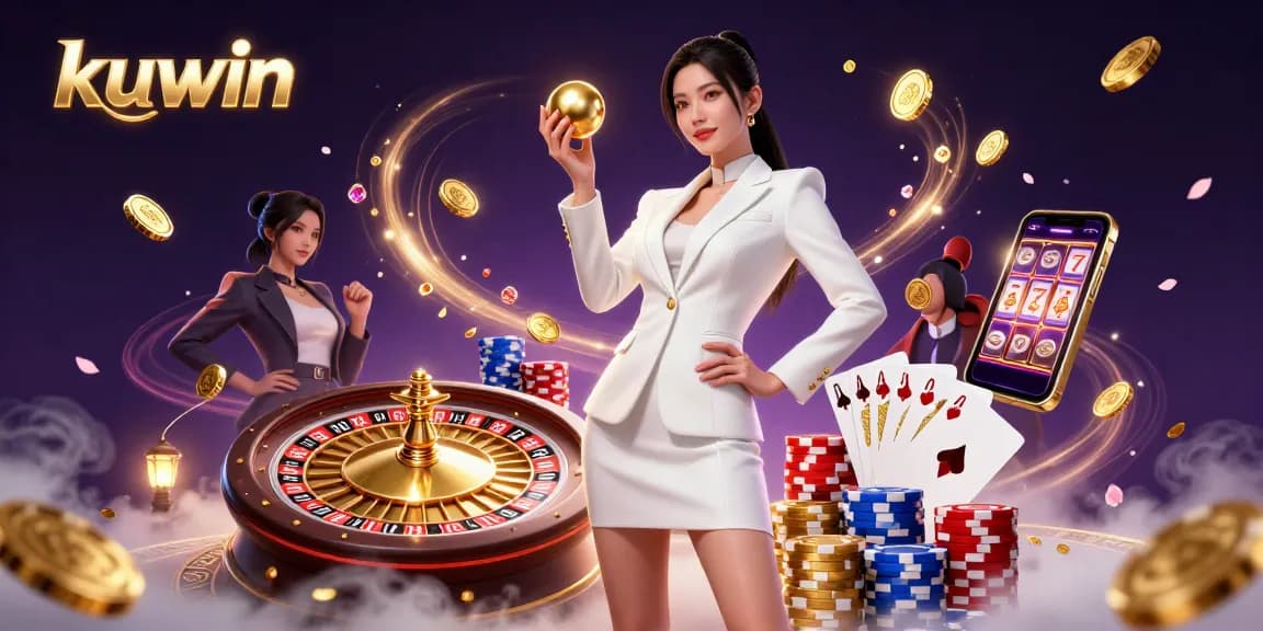 Kuwin showcases an Asian woman expertly holding a roulette ball in a vibrant casino atmosphere, surrounded by dynamic game elements.