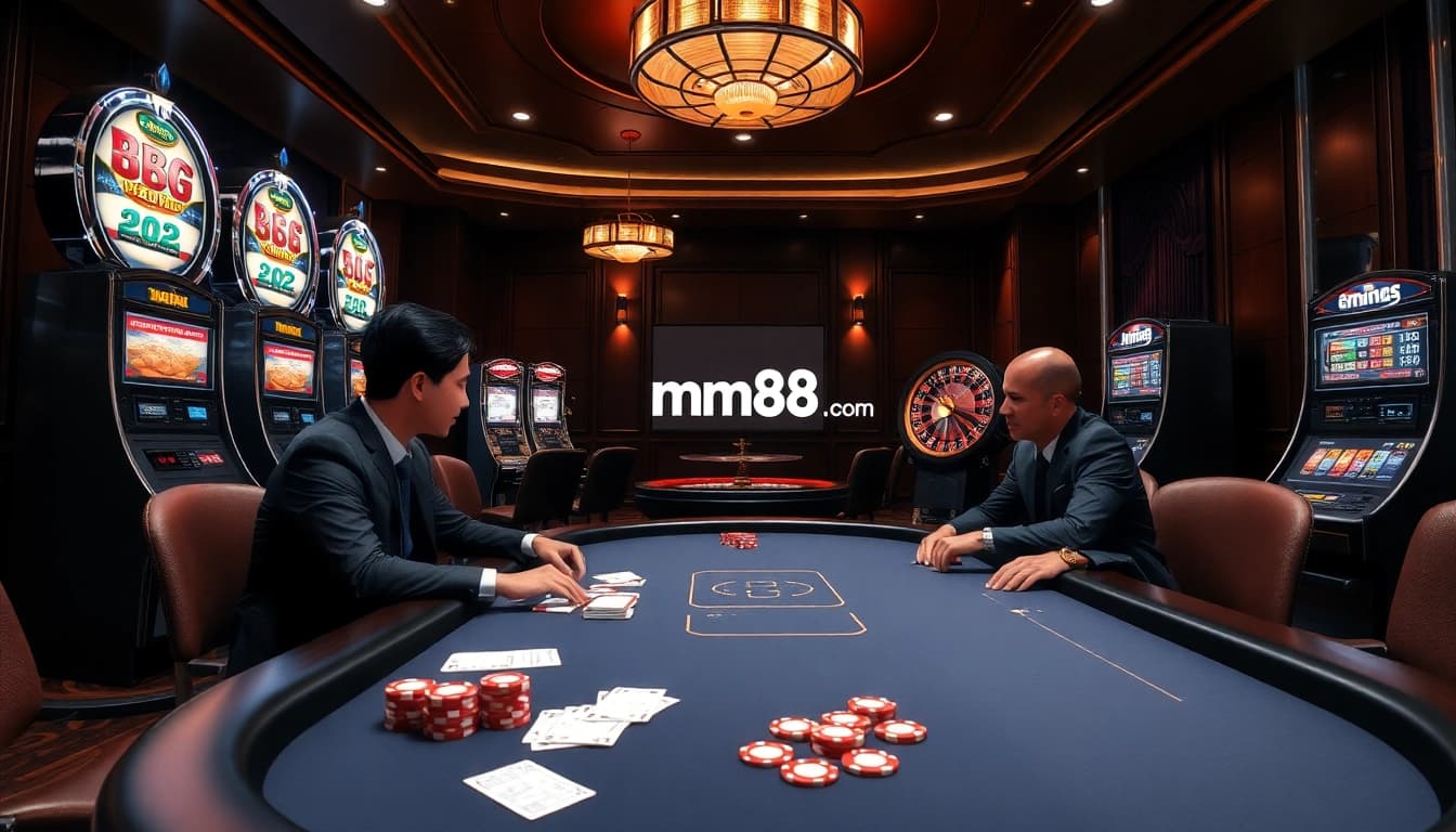 Experience the thrill of mm88.com with a luxurious casino scene featuring poker games and slot machines.