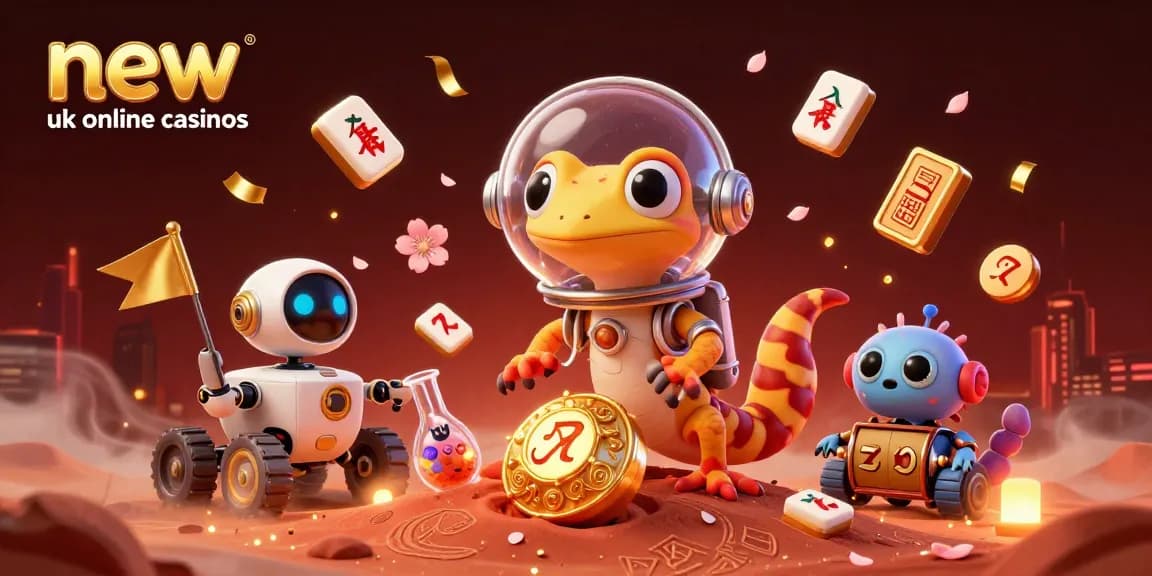 Explore new uk online casinos with this vibrant 3D illustration of a Martian gecko discovering a golden casino.