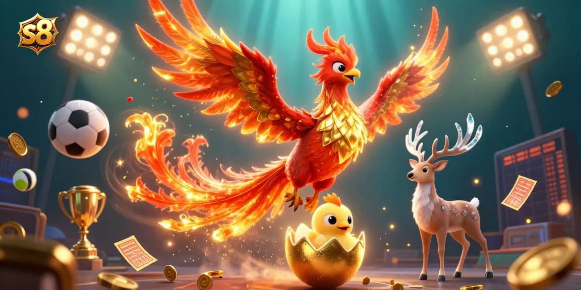 Experience thrilling action at s8 with a cartoon phoenix soaring through a dynamic casino scene.