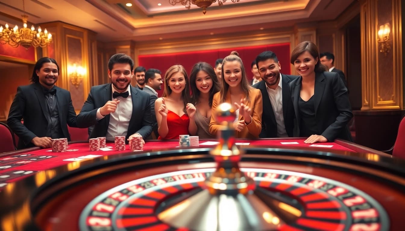 A thrilling scene showcasing players around a poker table at a luxurious casino, representing the excitement of ww88 gaming.