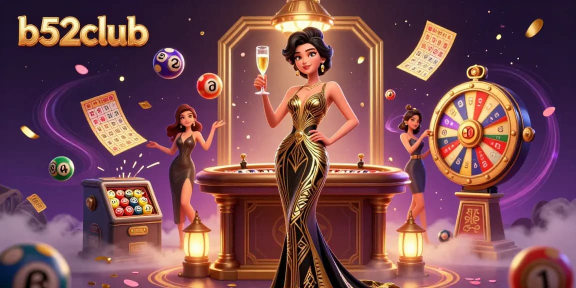 Win big with b52club at the vibrant online casino, surrounded by colorful lottery elements and elegant settings.