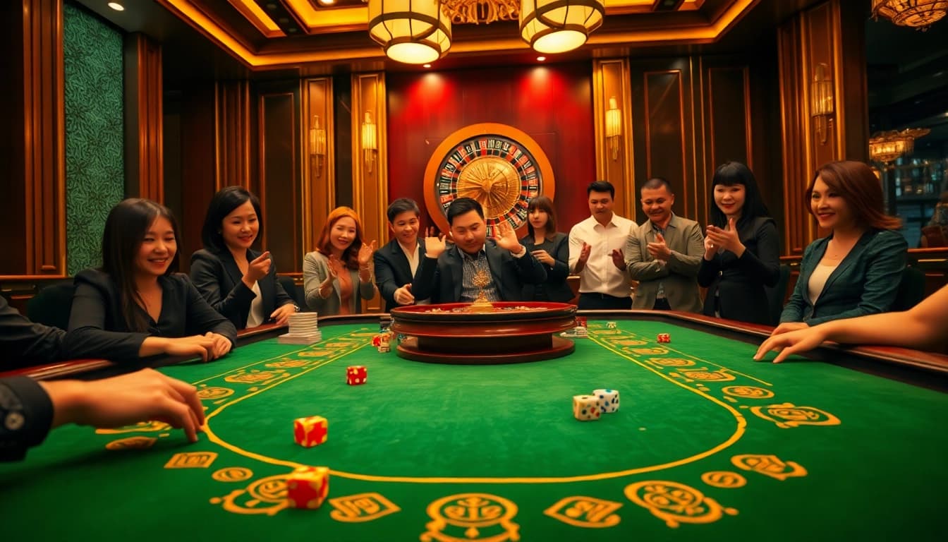 Experience the excitement of Luckywin tài xỉu with diverse players at a vibrant casino table.