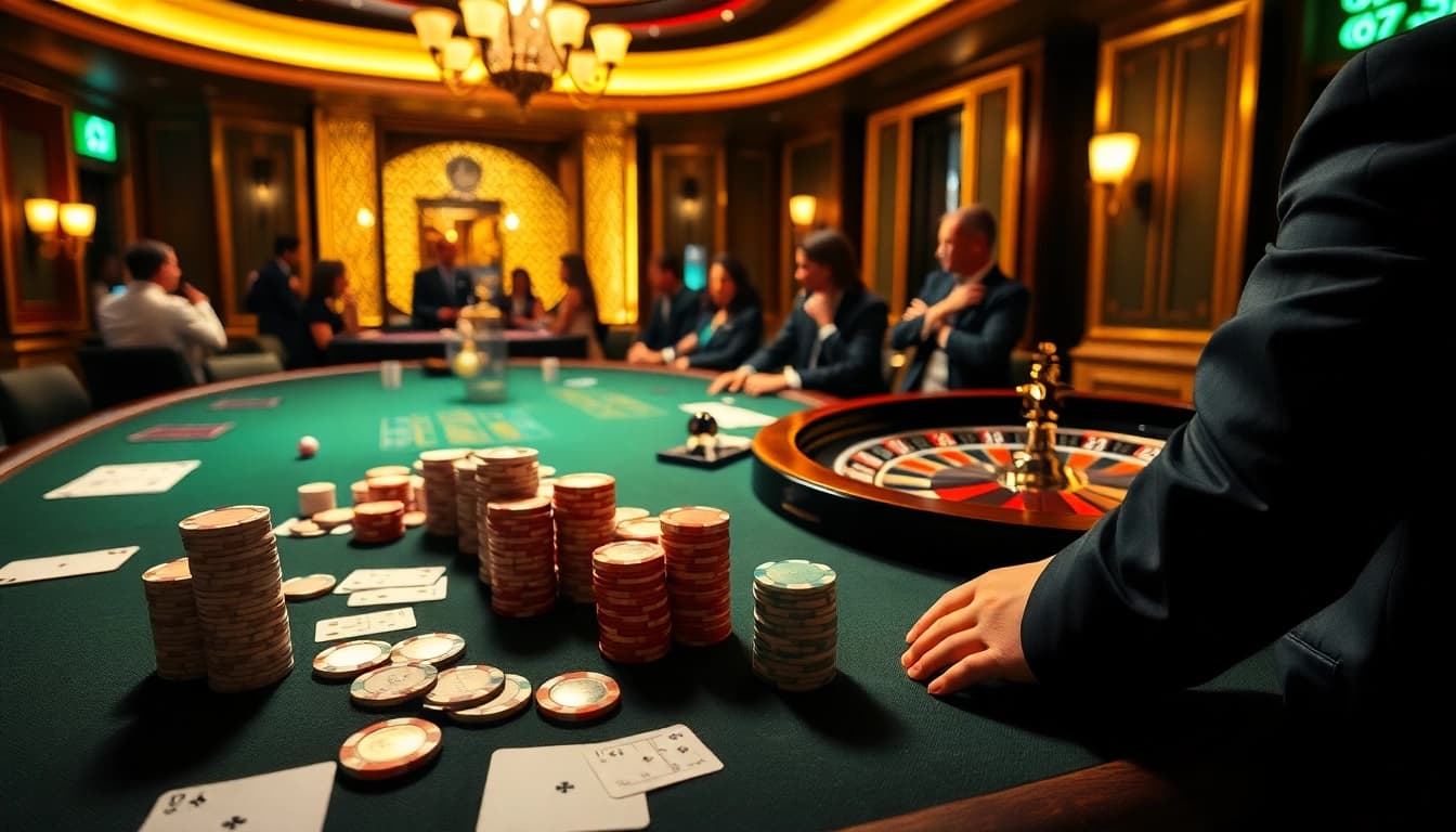 Experience the excitement of gambling at PS 99 with vibrant poker, roulette, and betting scenes.