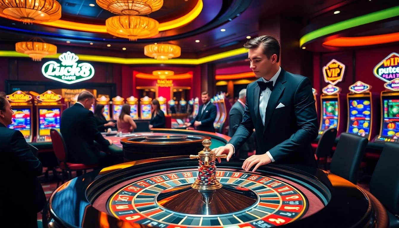 Experience the excitement of luck8 vip at a lavish casino table with spinning roulette and vibrant poker chips.