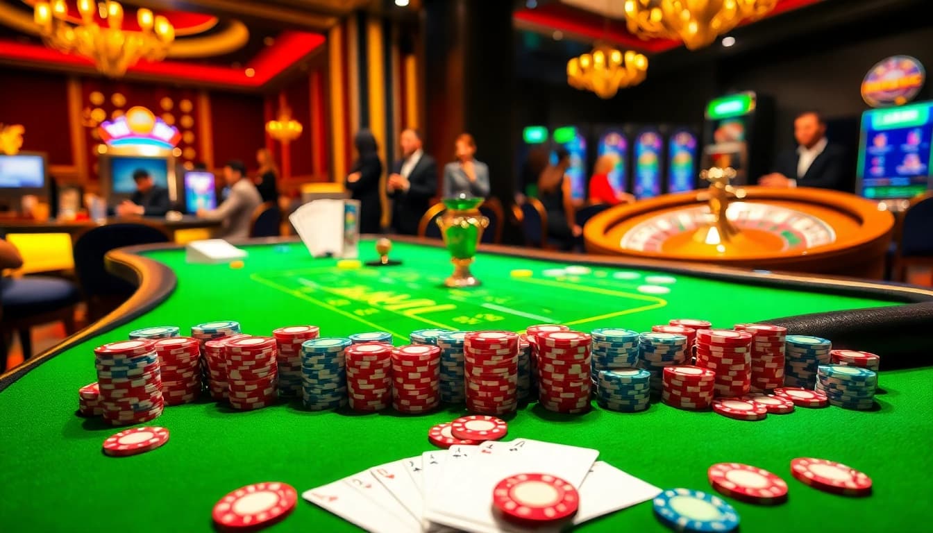Play poker at THABET777 with vibrant chips and thrilling roulette action in a luxurious setting.