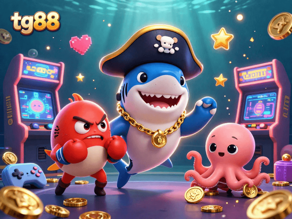 Engage in thrilling action at tg88 with this colorful casino scene featuring a pirate shark, pufferfish, and octopus.