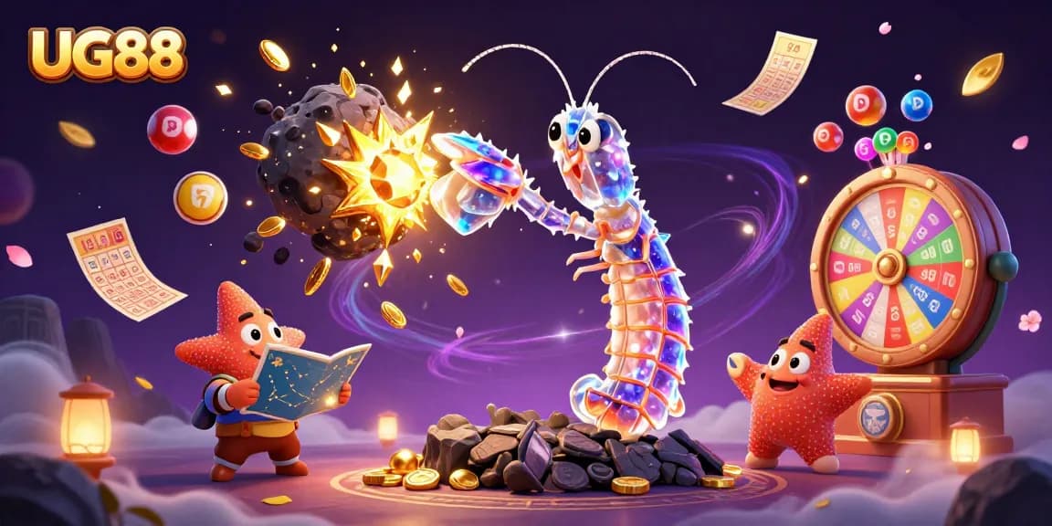 Experience thrilling wins with UG88 in this dynamic casino scene featuring vibrant lottery elements.