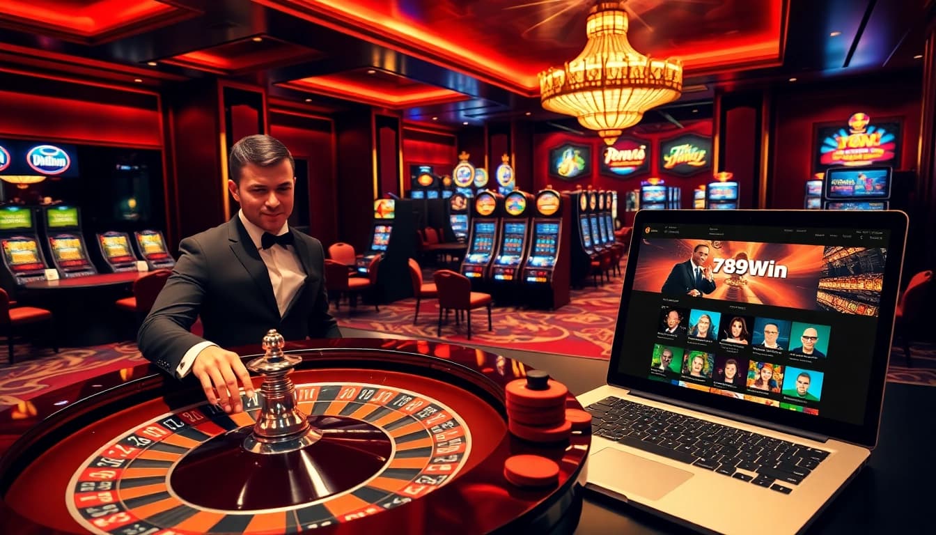 Players enjoying the excitement of gaming at 789Win casino, featuring roulette and slot machines.