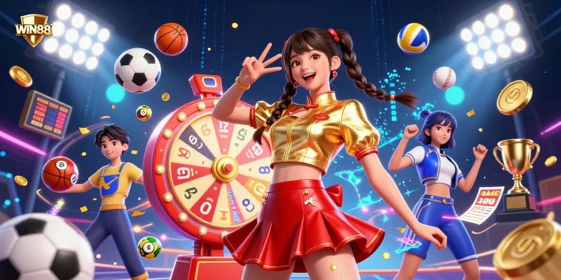Experience thrilling gaming at WIN88 with vibrant 3D visuals, sports elements, and dynamic interactions.