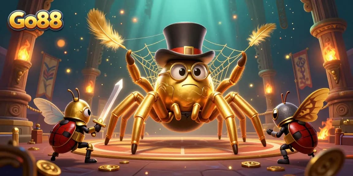 Experience the thrill of Go88 as a golden tarantula weaves a web of fortune amid casino excitement.