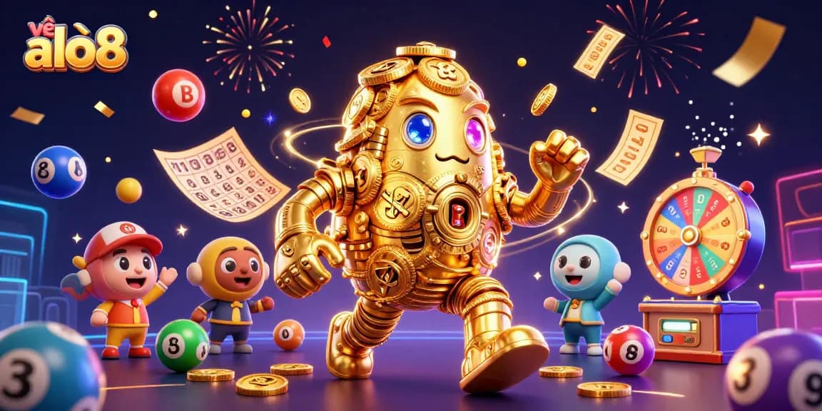 Experience the excitement of gambling with ALO8 as vibrant lottery balls and prizes surround the golden golem.