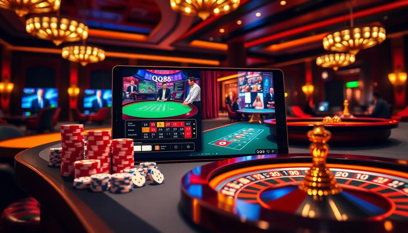 Experience the excitement of QQ88's online casino with vibrant gaming elements and high-quality visuals.