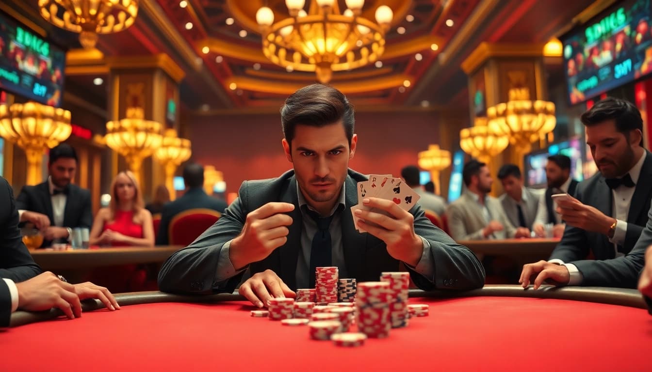 Engaging scene of a poker player demonstrating strategy with BDTK66 at the casino table.