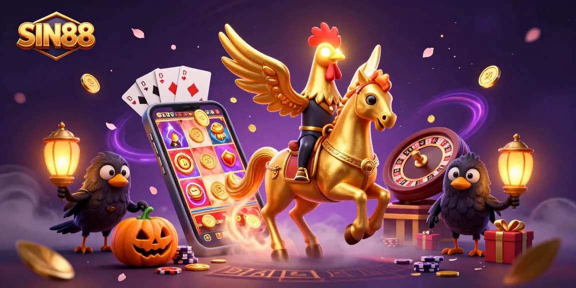 Experience SIN88's thrilling casino adventure with a golden rooster riding through a midnight casino.