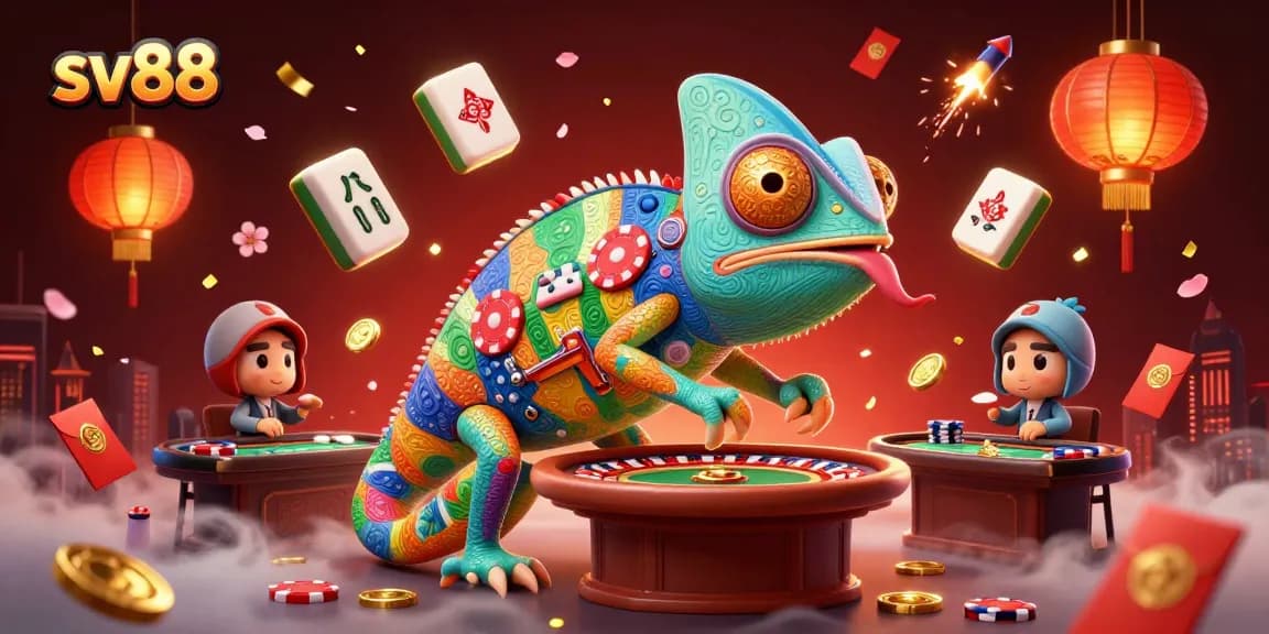 Experience thrilling wins at sv88 with a colorful chameleon casino owner collecting gold coins amidst festive decorations.