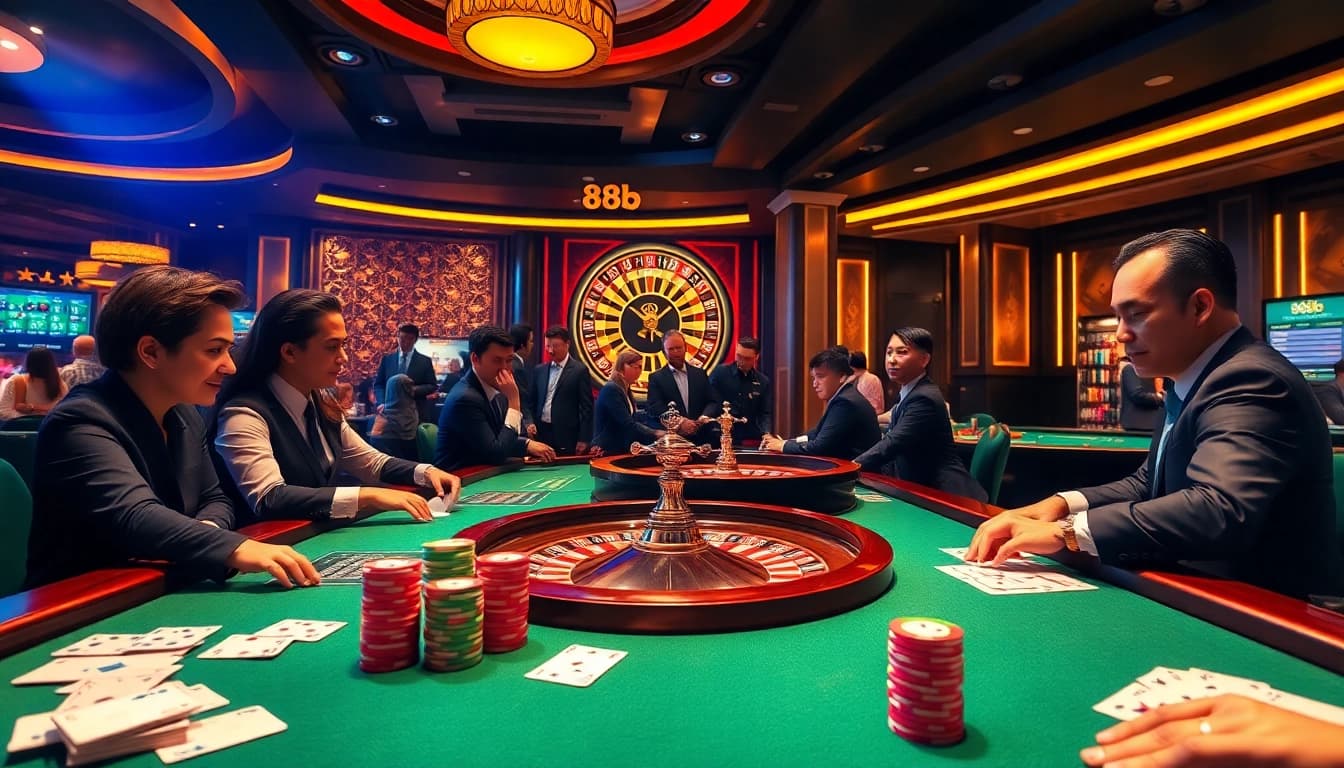 Experience the thrill of 888b at a luxury casino with vibrant gaming tables and professional dealers.