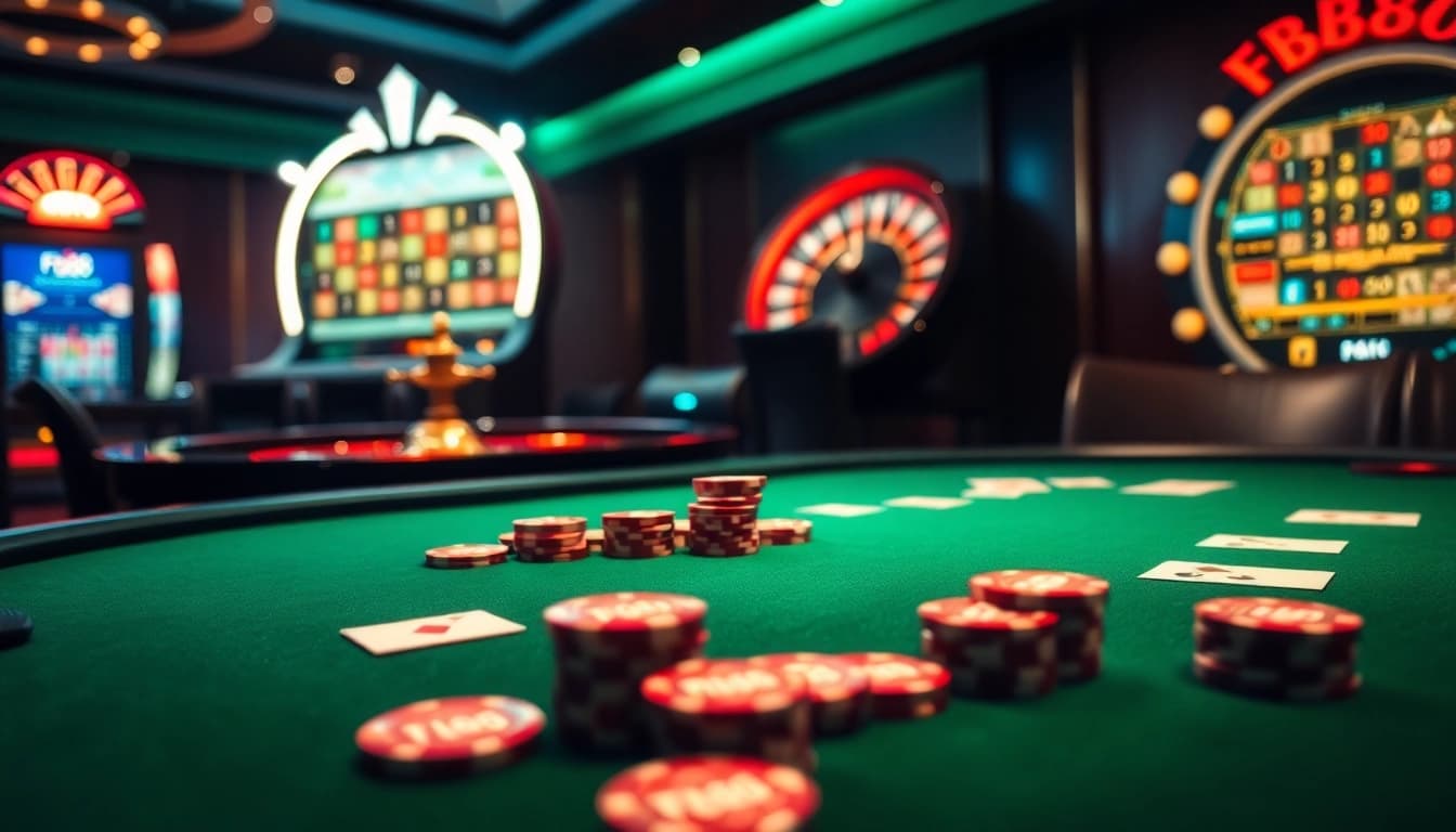 Gambling excitement at the Fb88 casino with poker chips and roulette, showcasing luxury.