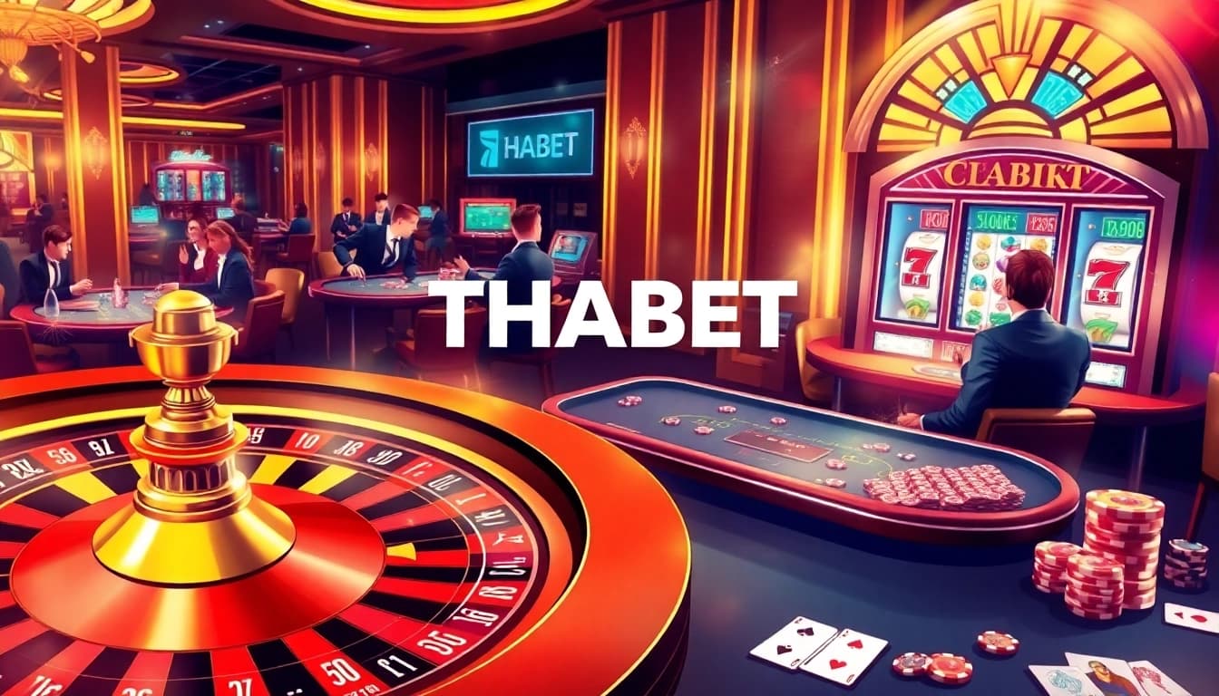 Experience the excitement of THABET with vibrant casino tables, a roulette wheel, and passionate players.