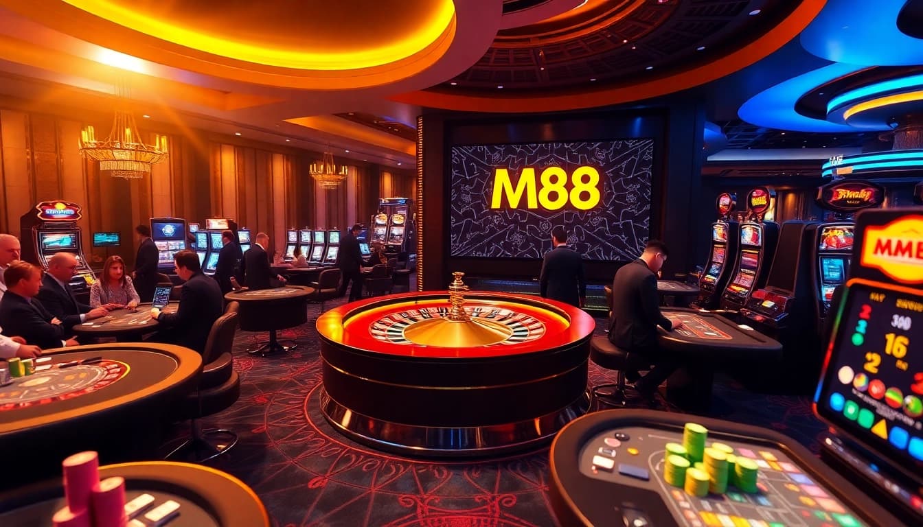 Players enjoying luxury gaming at MM88 casino with roulette and poker tables.