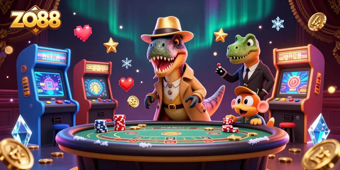 Play your winning hand at zo88 with vibrant casino gameplay, featuring a velociraptor at blackjack.