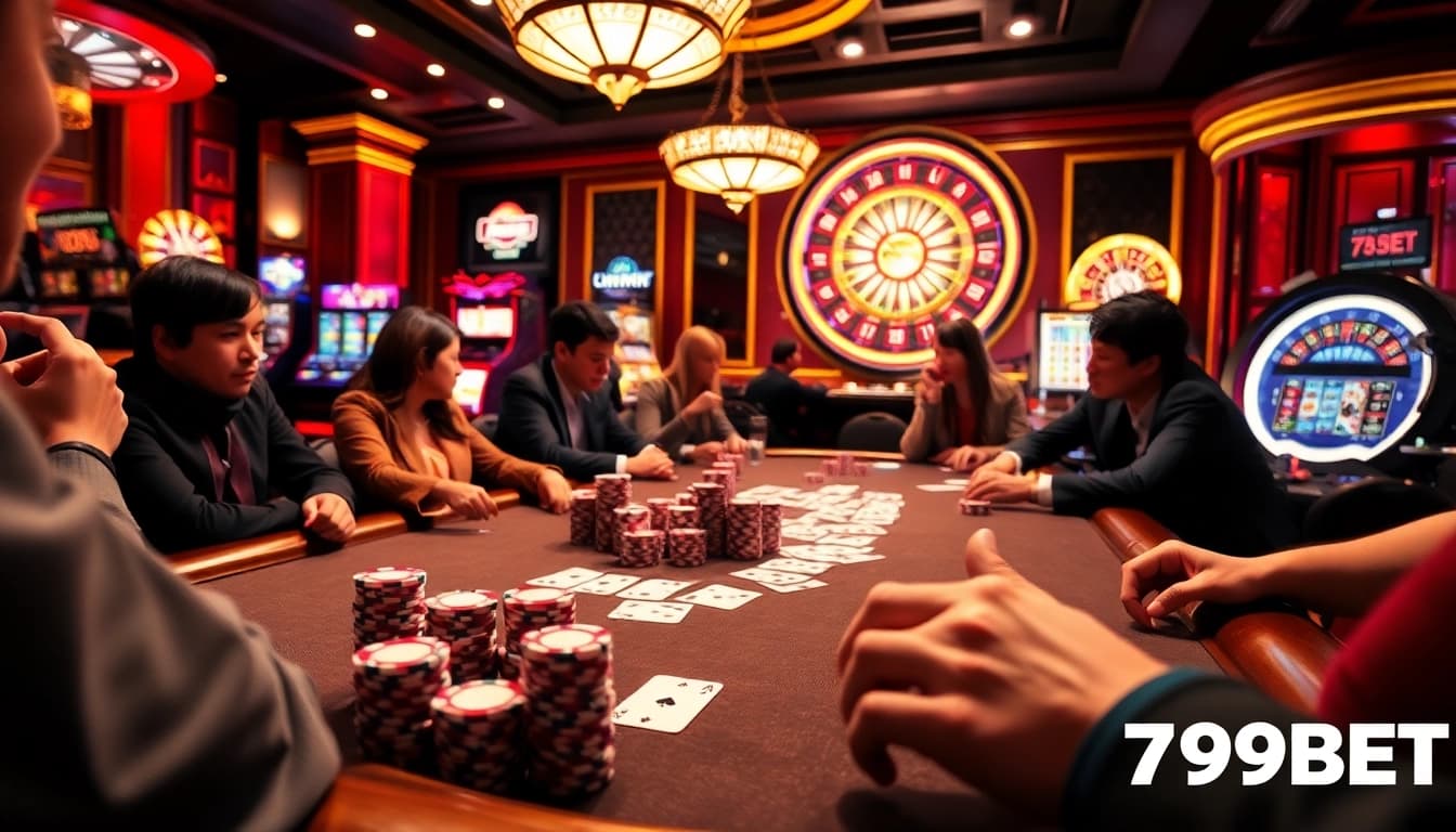 Players engaged in an intense poker game at 789BET casino, showcasing excitement with cards and chips.