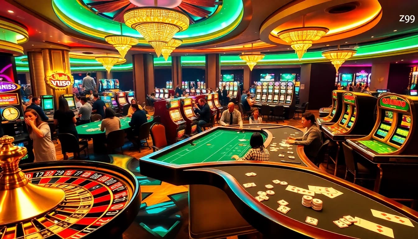 Players engaging with VZ99's thrilling casino games, surrounded by vibrant slot machines and poker tables.