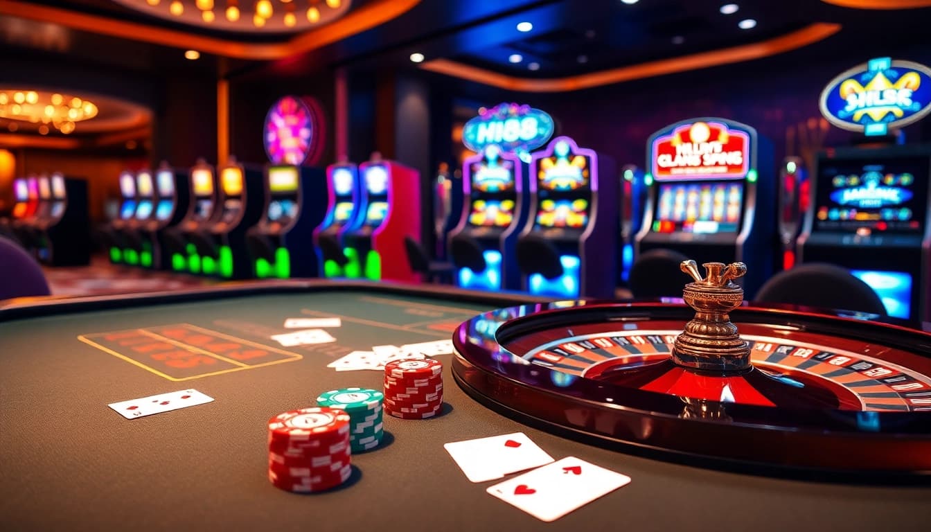 Exciting Hi88 casino scene with poker chips, cards, and roulette wheel, showcasing vibrant gaming atmosphere.