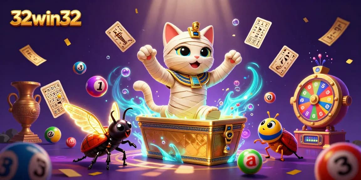 Experience thrilling games at 32win32, where Egyptian cat mummies meet vibrant lottery excitement!