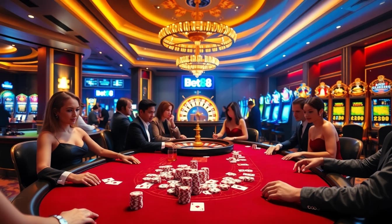 Bet88 gaming table featuring prestigious poker action with vibrant chips and cards.