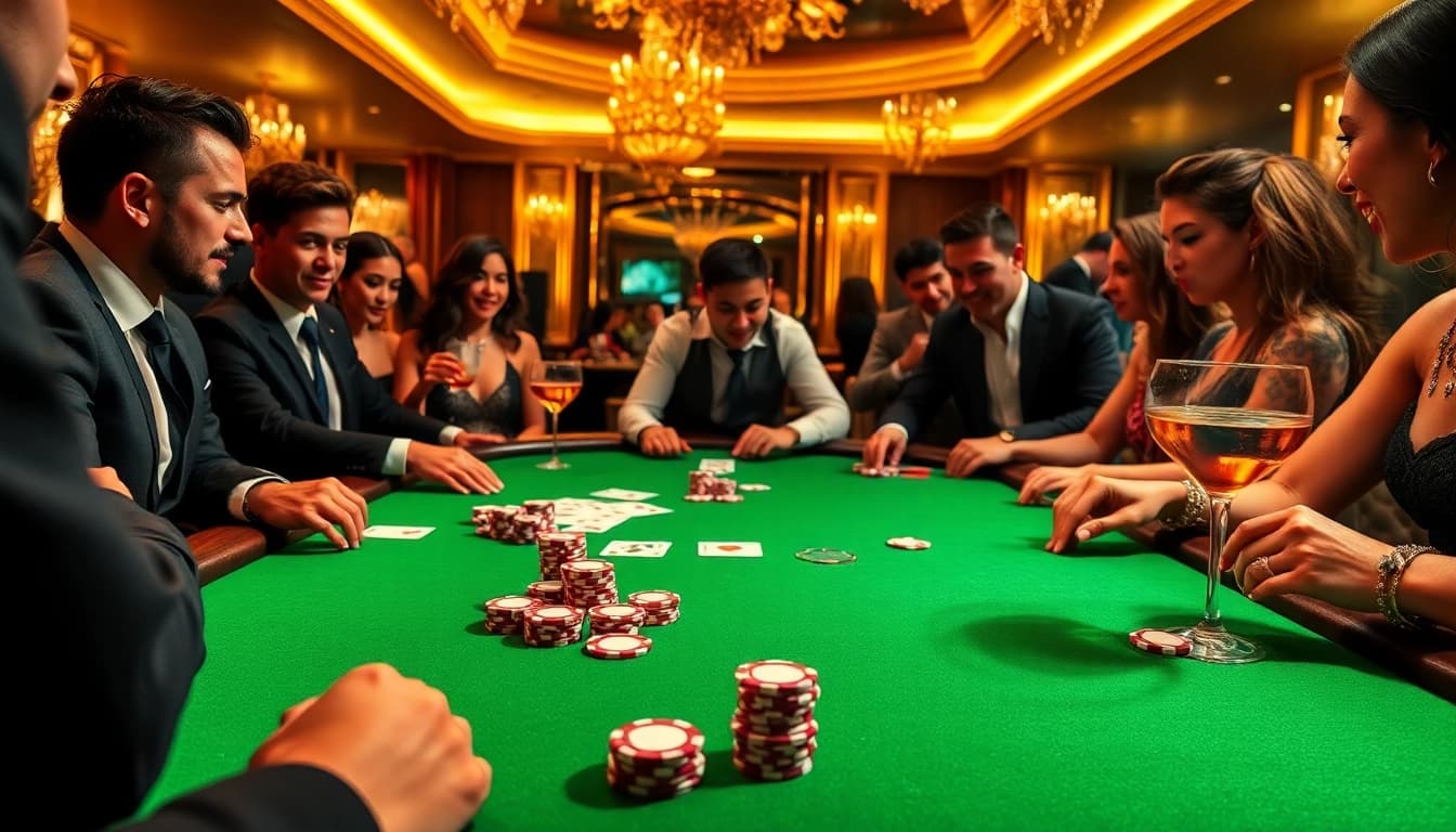 Experience the thrill of rikvip with a captivating poker game scene in a glamorous casino.