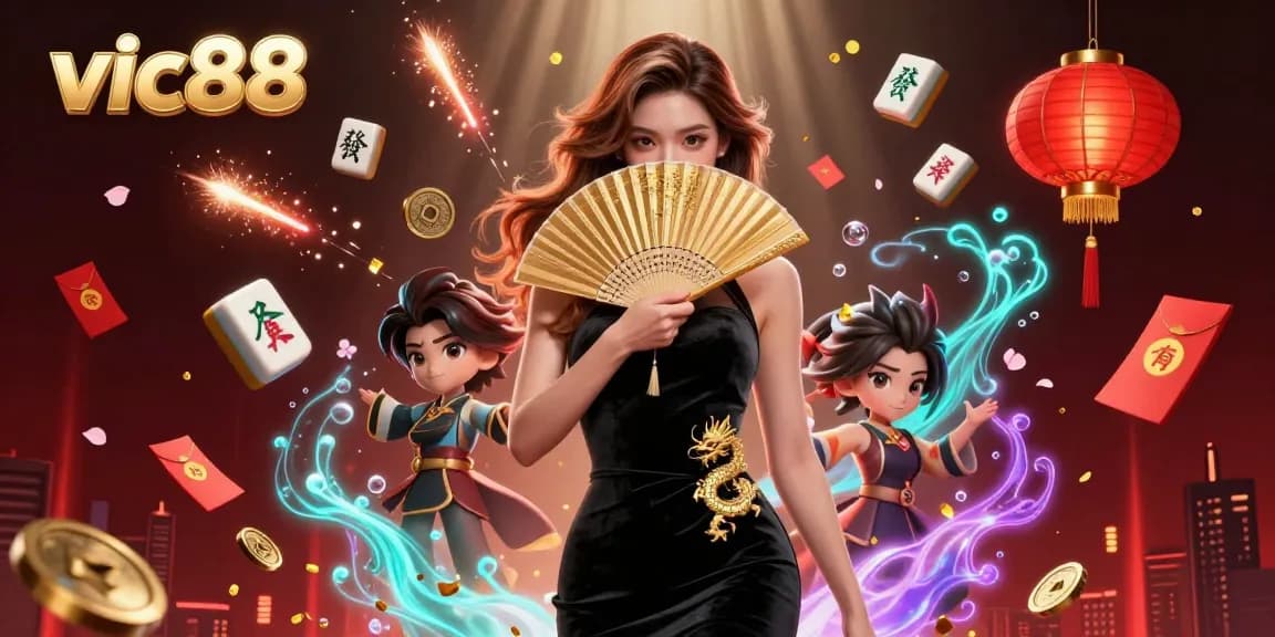 Engage with vic88's immersive Asian casino scene featuring stunning game elements and a captivating character.