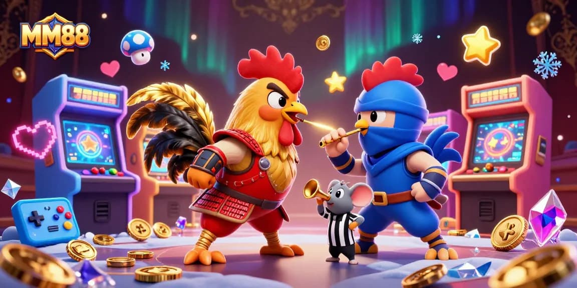 Experience thrilling MM88 action with dynamic fighting roosters in an engaging casino atmosphere.
