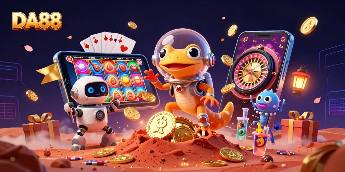 Experience the thrill of DA88 with a Martian gecko in a golden casino setting, celebrating the adventure.
