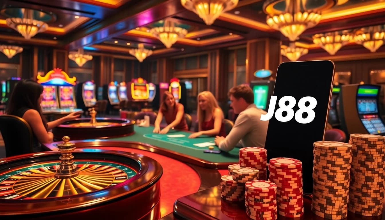 Gamblers enjoy an exciting night at J88 casino with vibrant tables and roulette wheels.