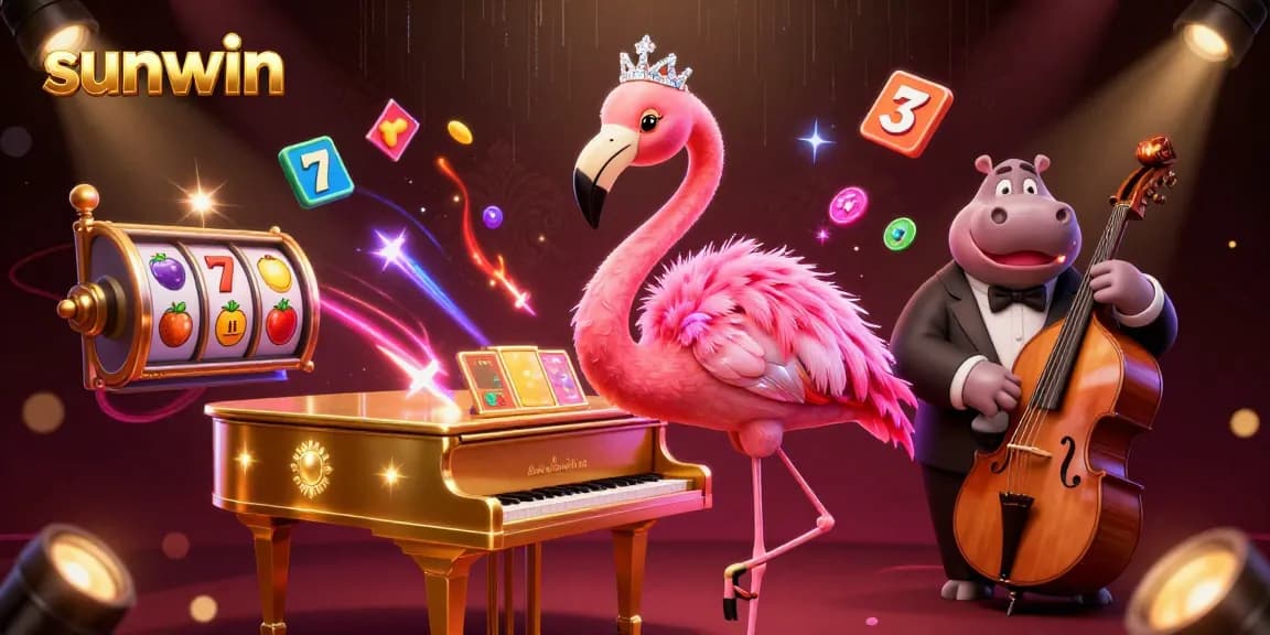 Join the excitment of sunwin with a lively casino scene featuring vibrant characters and dynamic game elements.