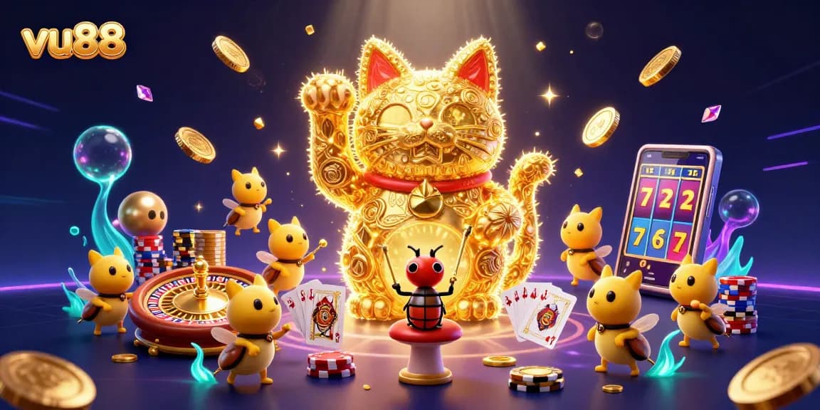 Experience excitement at vu88 with a vibrant luck symbol and dynamic casino elements.