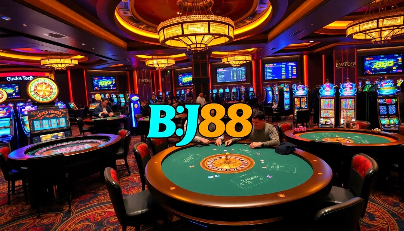 Excited players engaging in a high-stakes game at BJ88 casino tables, featuring roulette wheels and poker chips.
