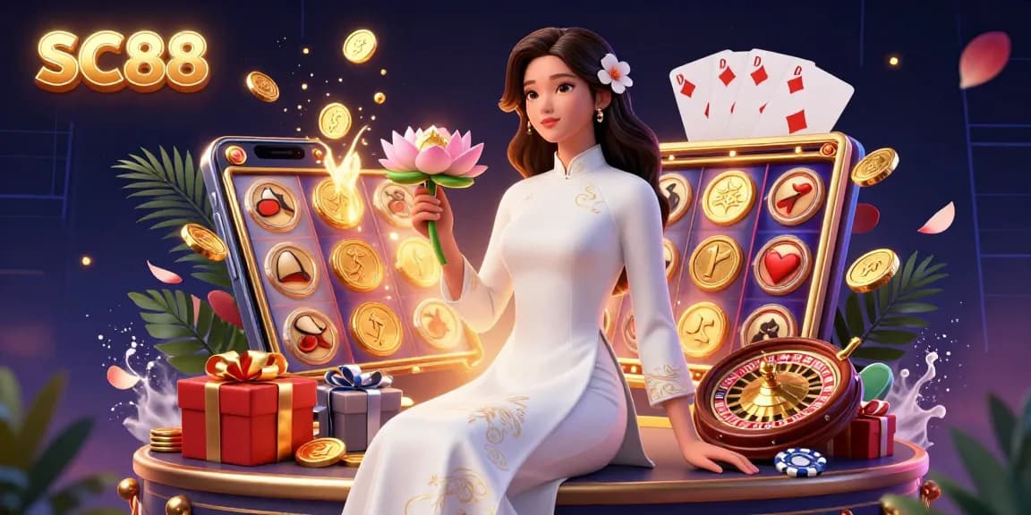 Engage in SC88 casino thrills with a vibrant scene showcasing a woman in an ao dai, slot games, and rich 3D elements.