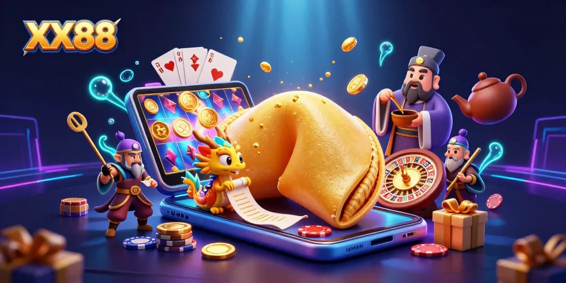 Engage in thrilling gameplay with XX88's vibrant casino illustration featuring a golden fortune cookie.