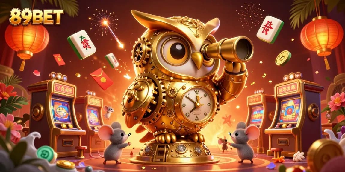 Experience the exhilarating games at 89BET with a golden owl perched atop a vault, scanning the casino floor.