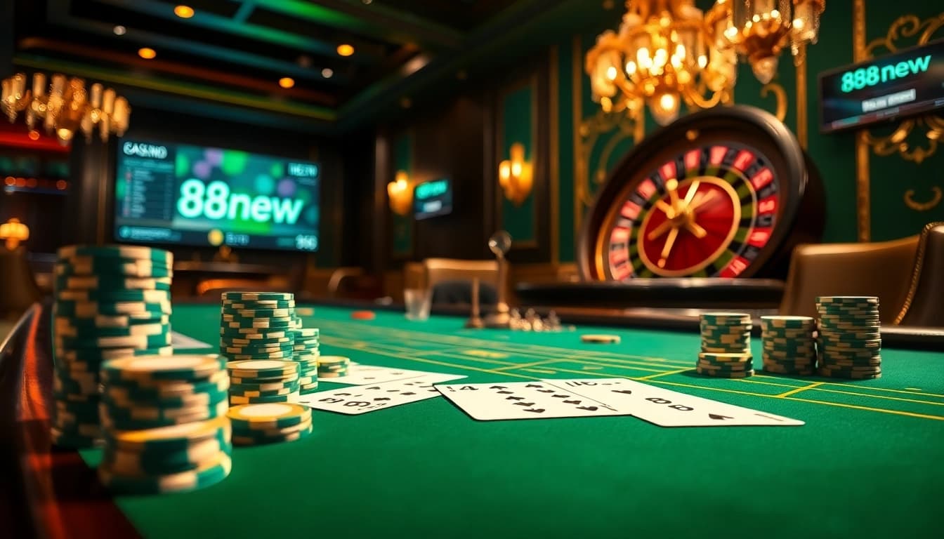 A vibrant casino scene showcasing gambling excitement with 888new branding on the digital screens.