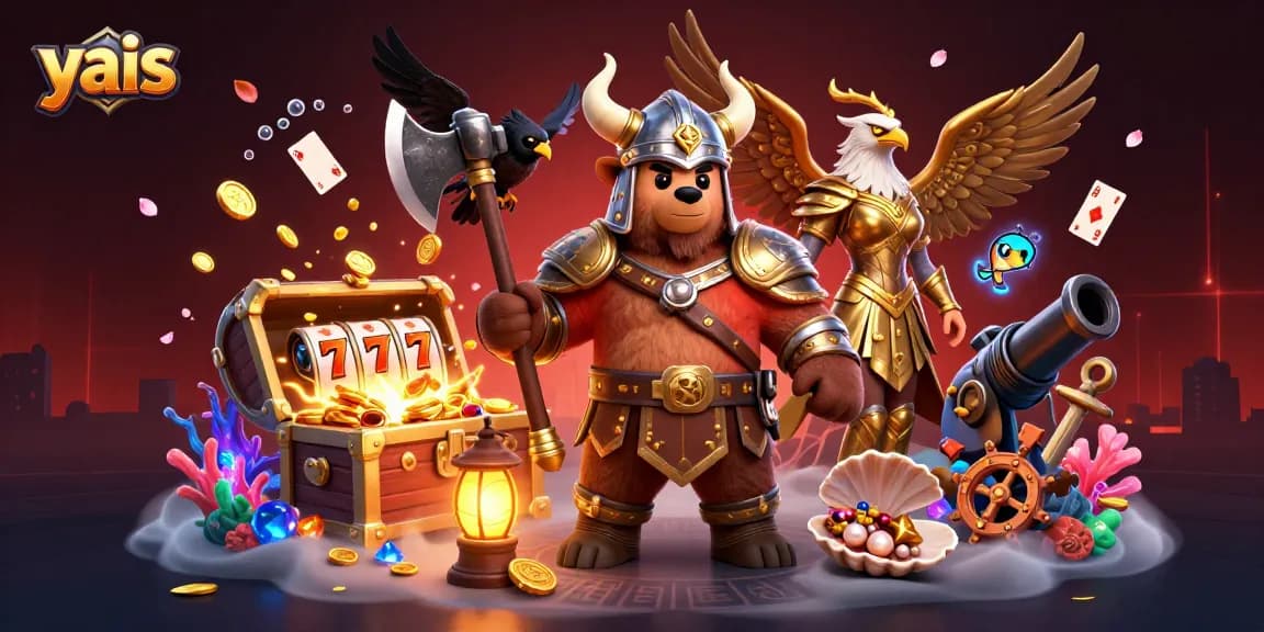 Experience the thrilling world of yais with dynamic Viking and casino elements in a vibrant, action-packed scene.