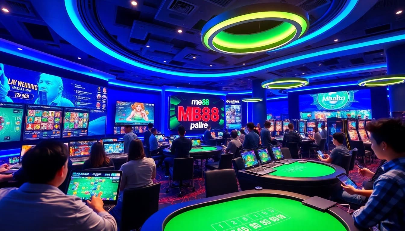 Engaging visual of the MB88com gaming platform, showcasing vibrant gaming scenes with users interacting across multiple devices.