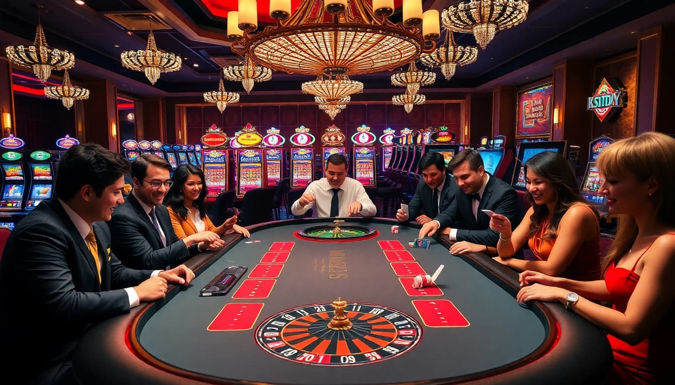 Excited players at a KK55 poker table enjoying a thrilling casino experience with vibrant atmosphere.