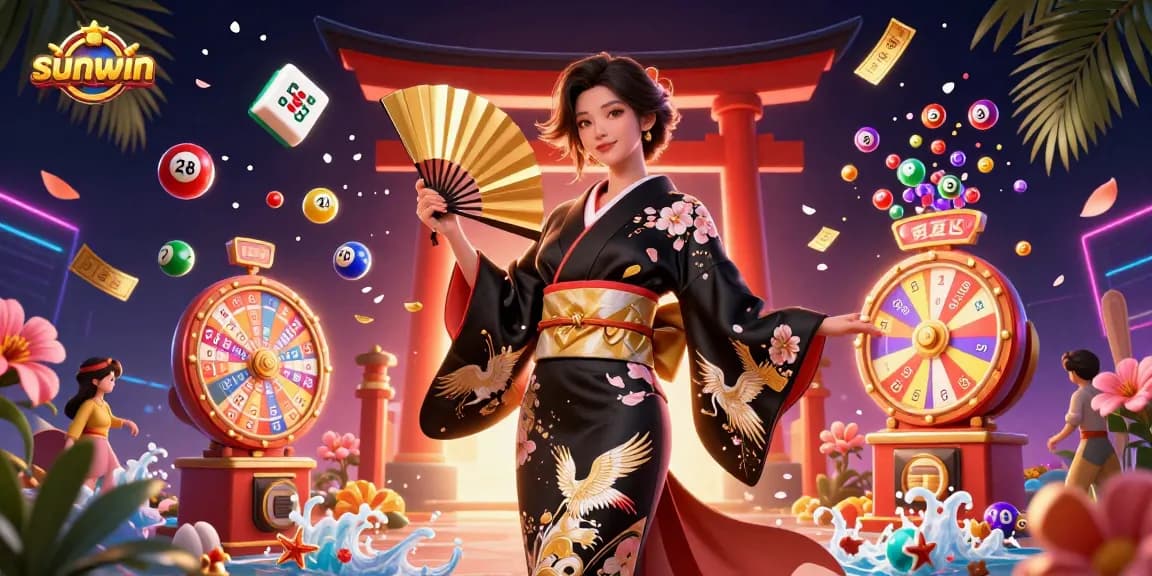 Experience the vibrant action of sunwin with a stunning casino illustration featuring dynamic scenes and festive elements.