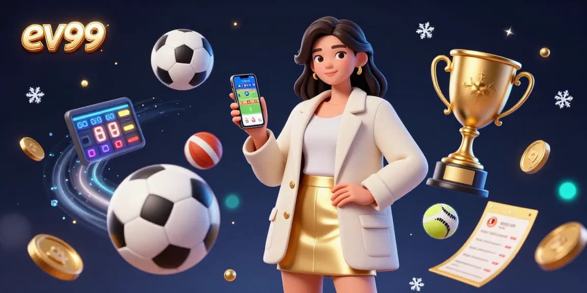 Experience ev99 with a beautiful Asian woman demonstrating a sports betting app amidst dynamic sports elements.