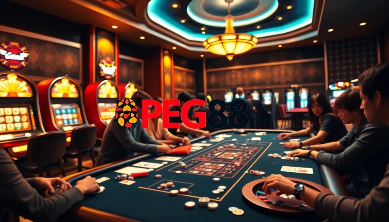 Engaged players at a PG88 gaming table, surrounded by luxury casino elements.