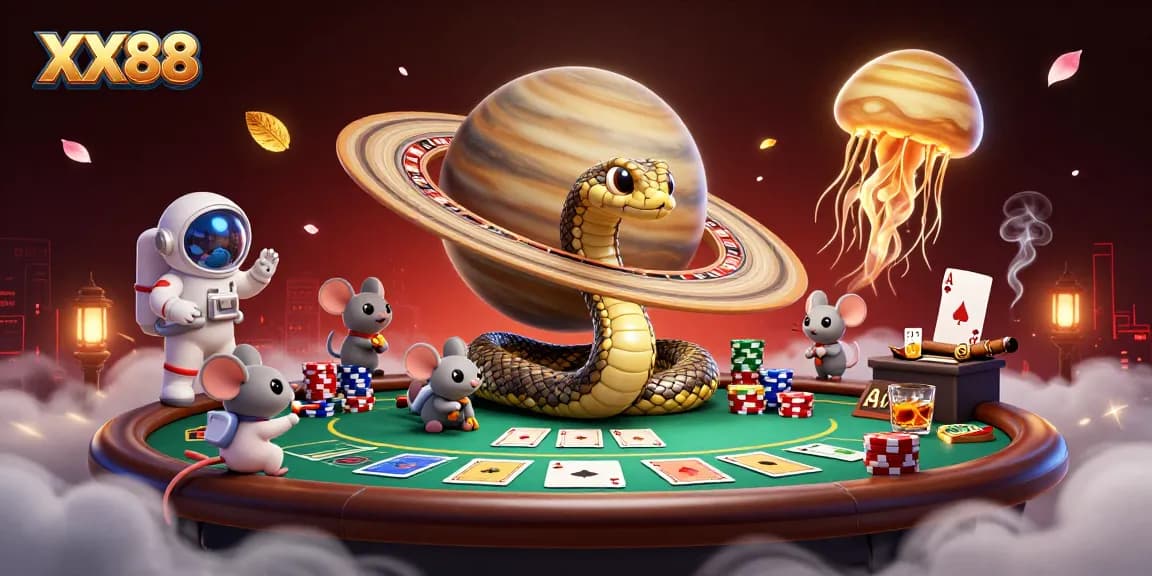 Engage in thrilling bets at XX88 with a cosmic casino scene featuring animated characters, vibrant game elements, and futuristic visuals.